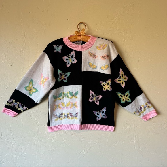 Vintage Sweaters - Grandmacore butterfly colorful colorblock vintage sweater🦋
